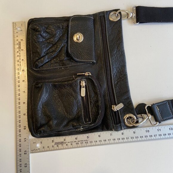 Roots 73 Black Pebble Leather Crossbody Bag Adjustable Strap & Multiple Pockets - Picture 12 of 14